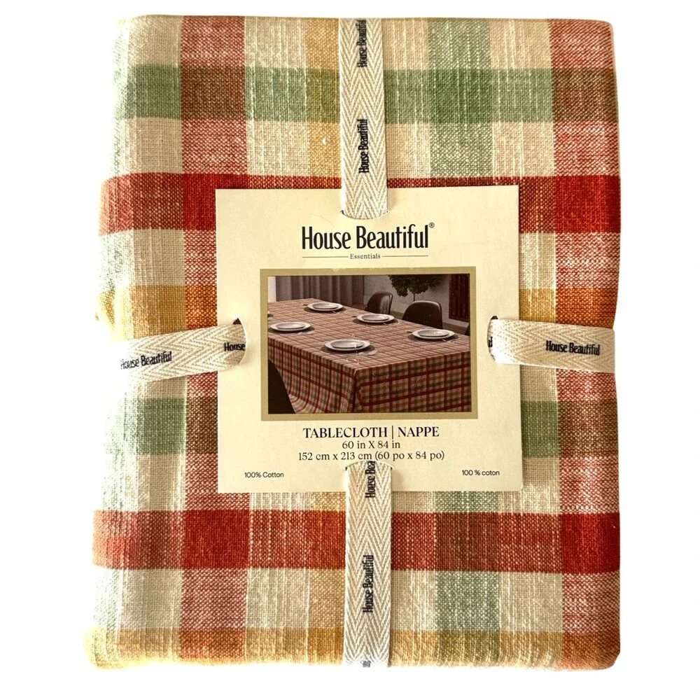 House Beautiful Tablecloth 60x84” Plaid Thanksgiving Autumn Fall 100% Cotton